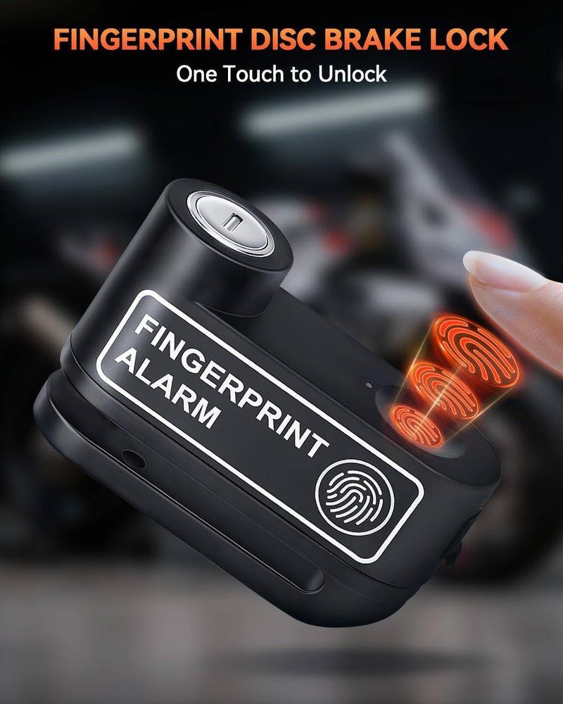 YBLNTEK Motorcycle Disc Brake Lock with Alarm, Fingerprint Anti-Theft Motorcycle Lock Rechargeable, 7mm Pin Disc Locks with 5ft Reminder Cable for Motorbike Scooter Bikes - Image 2